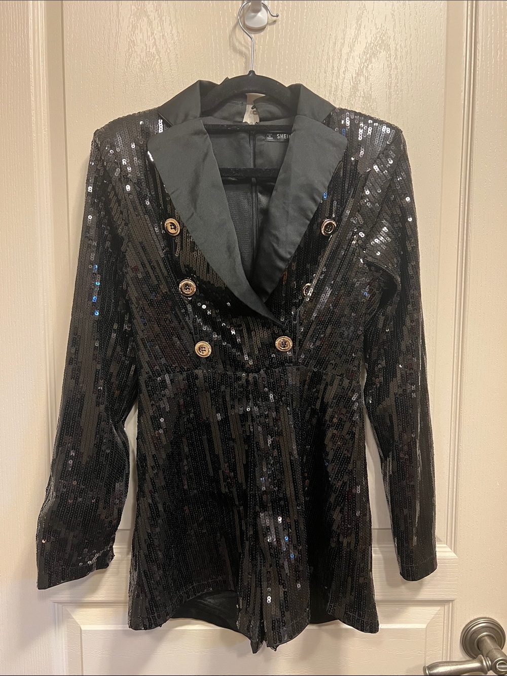 SHEIN Black Sequin Double-Breasted Jumpsuit Romper with Gold Buttons